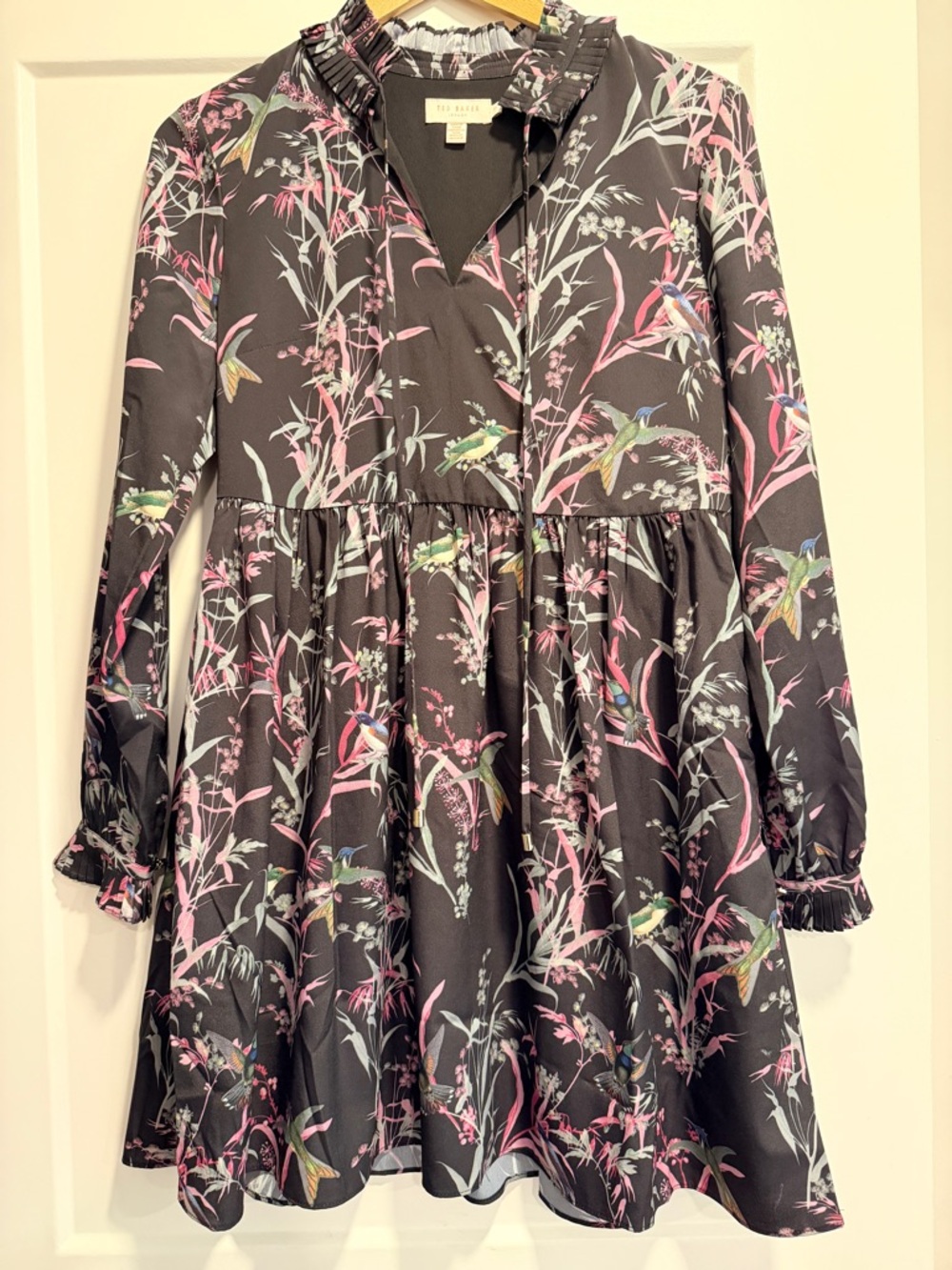 Ted Baker London Black Mini Dress with Pink and Green Botanical Print - Picture 3 of 7